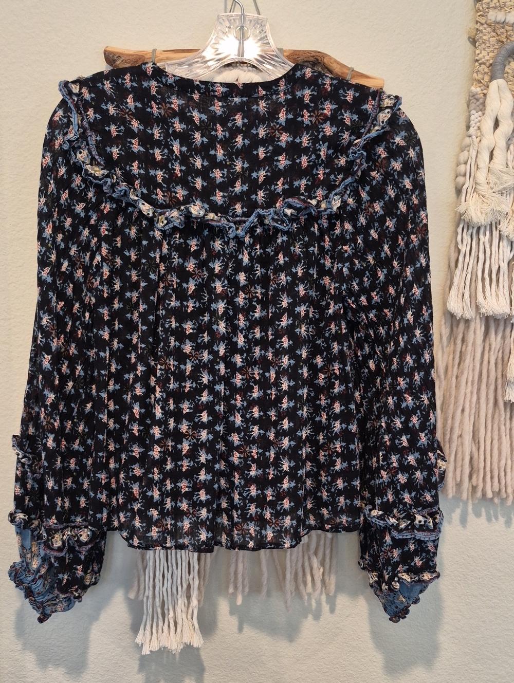 XS-M Free People Jenna Floral Ruffle Detail Cotton Blouse in Night Combo - Picture 6 of 11